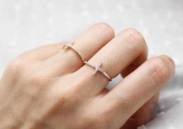 Tiny SIDEWAYS CROSS Ring Detailed With CZ In Gold